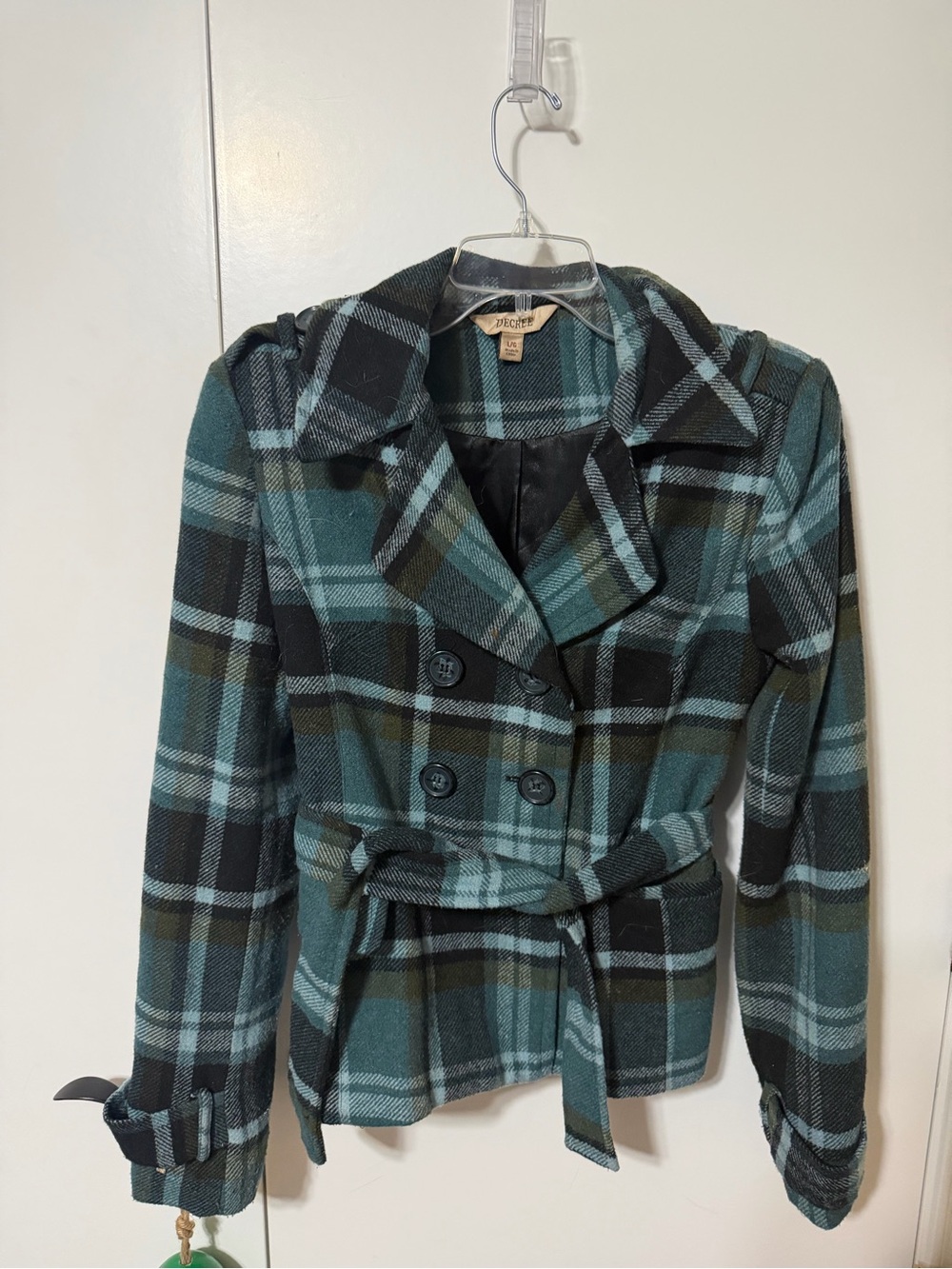 Decree Teal and Black Plaid Belted Peacoat Large